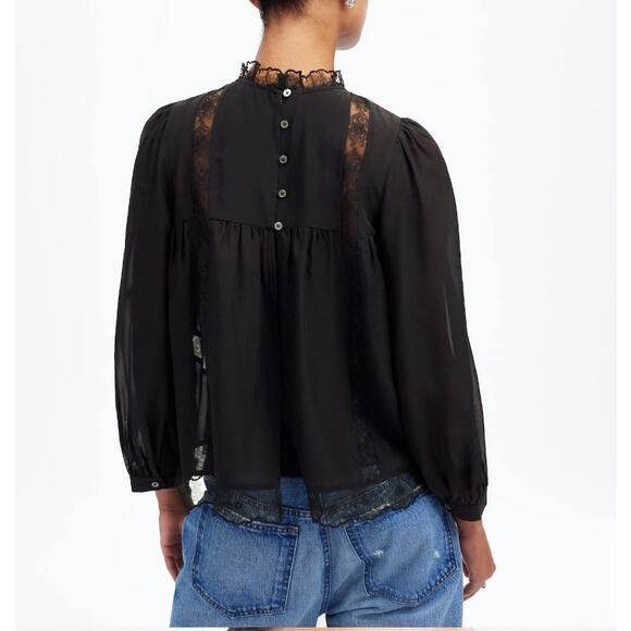 Madewell Lace Inset Mock Neck Long Sleeve Top XL Silk Cami Sheer Goth Whimsy NWT - Picture 2 of 14